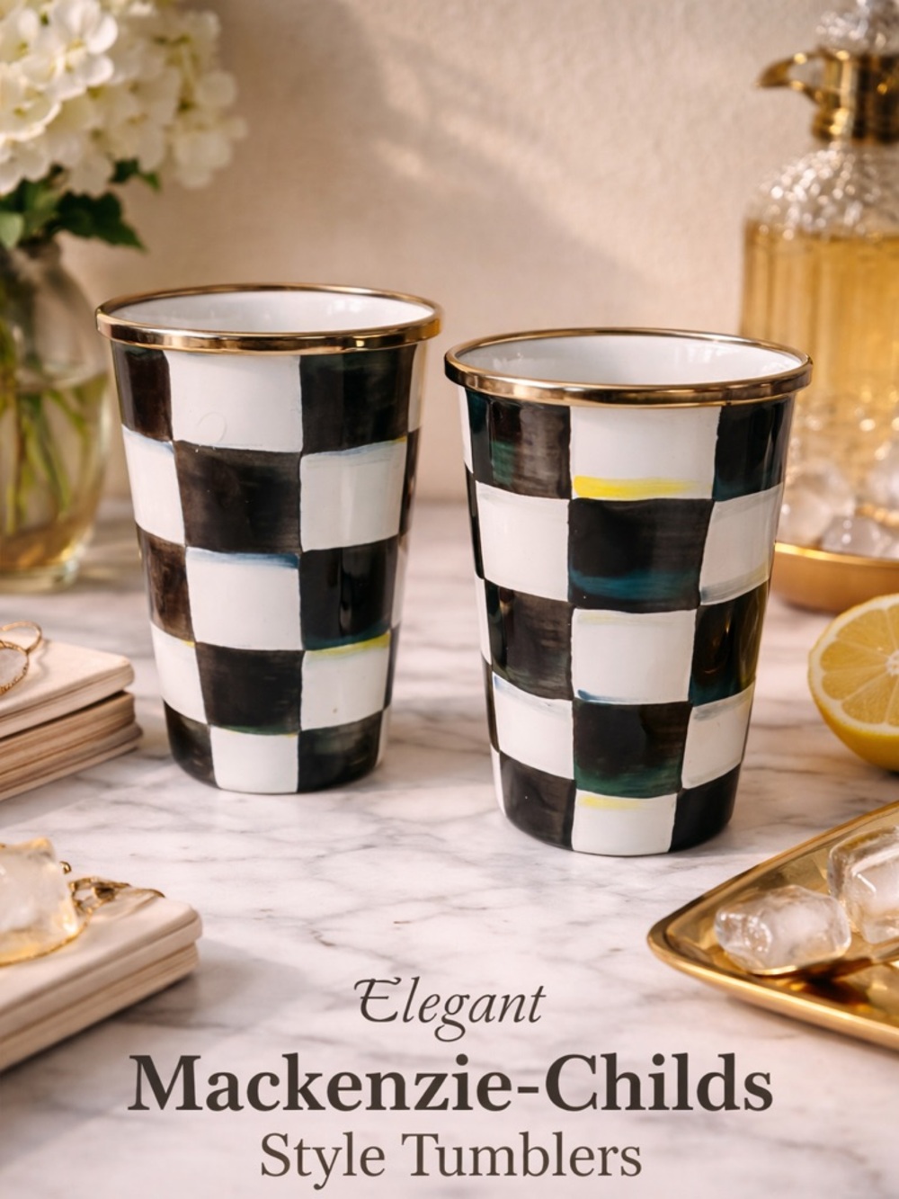 MacKenzie-Childs Courtly Check enamel tumbler in classic black-and-white 10oz